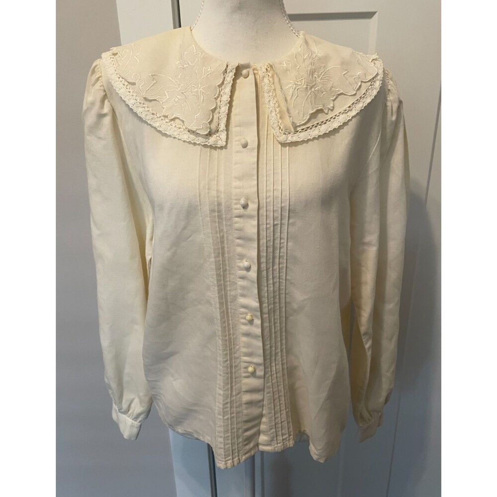 Bryn Connelly Womens Button TOP Long Sleeve IVORY Cottage Core Collar Size 10